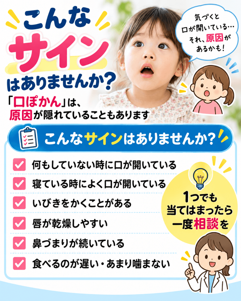 お口ぽかんの原因が隠れているサイン6項目をまとめたセルフチェックの図解