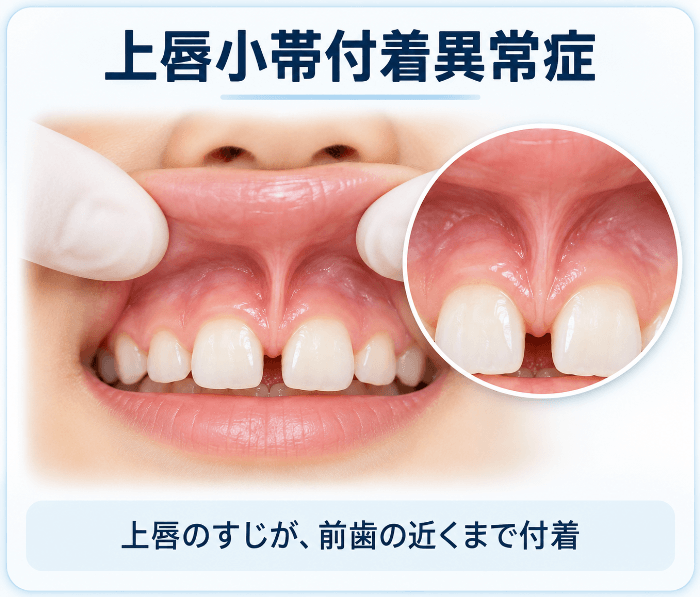 上唇小帯付着異常症。上唇のすじが前歯の近くまで付着し、前歯の間に隙間ができている