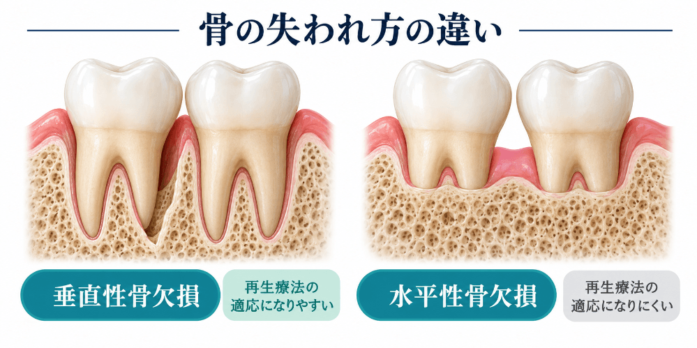 骨の失われ方の違いの図解:歯の根に沿って深く失われる垂直性骨欠損は再生療法の適応になりやすく、骨全体が平らに下がる水平性骨欠損は適応になりにくい