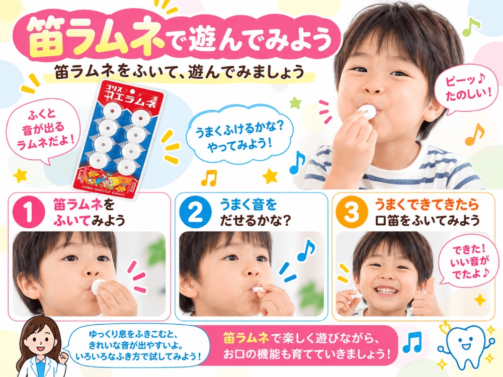 笛ラムネを吹いてお口の機能を育てる遊びの手順を示した図解