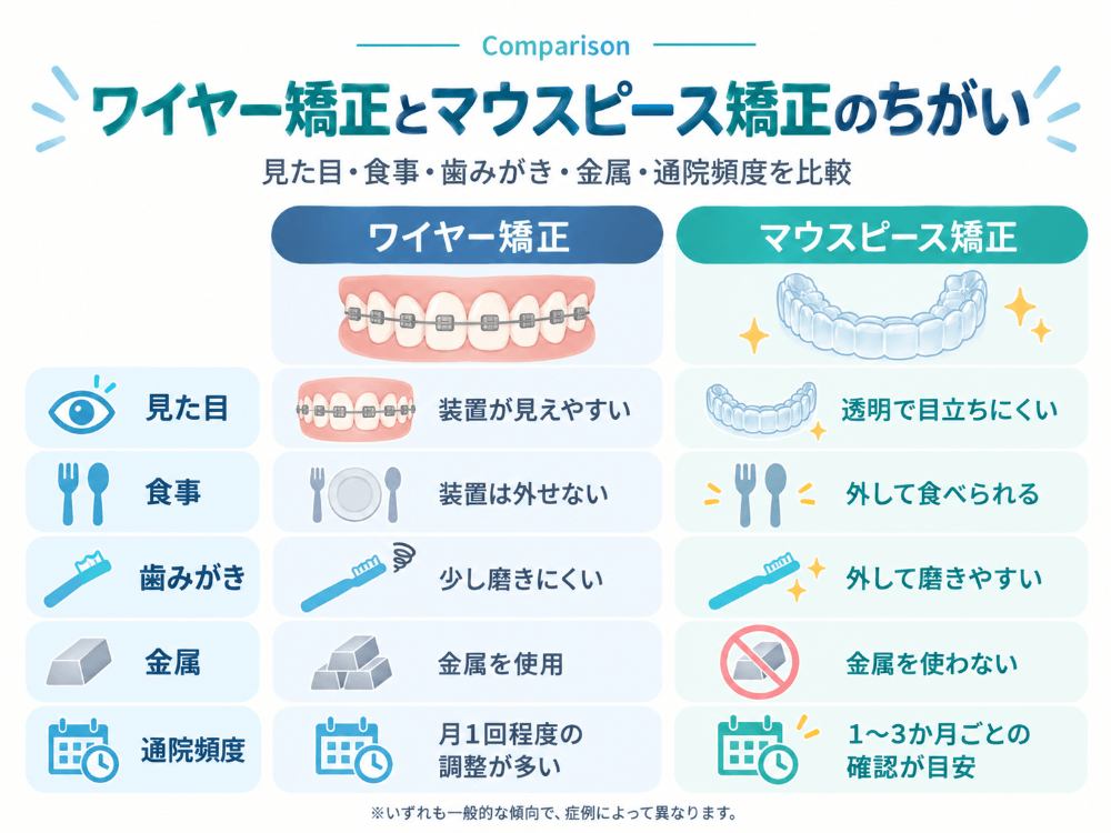 ワイヤー矯正とマウスピース矯正の比較図。見た目・食事・歯みがき・金属の有無・通院頻度の5項目を比較したもの