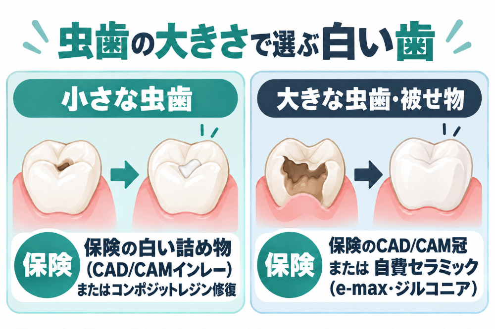 虫歯の大きさ別の白い歯の選び方-小さな虫歯は保険のCAD/CAMインレーやコンポジットレジン修復、大きな虫歯や被せ物は保険のCAD/CAM冠または自費セラミック