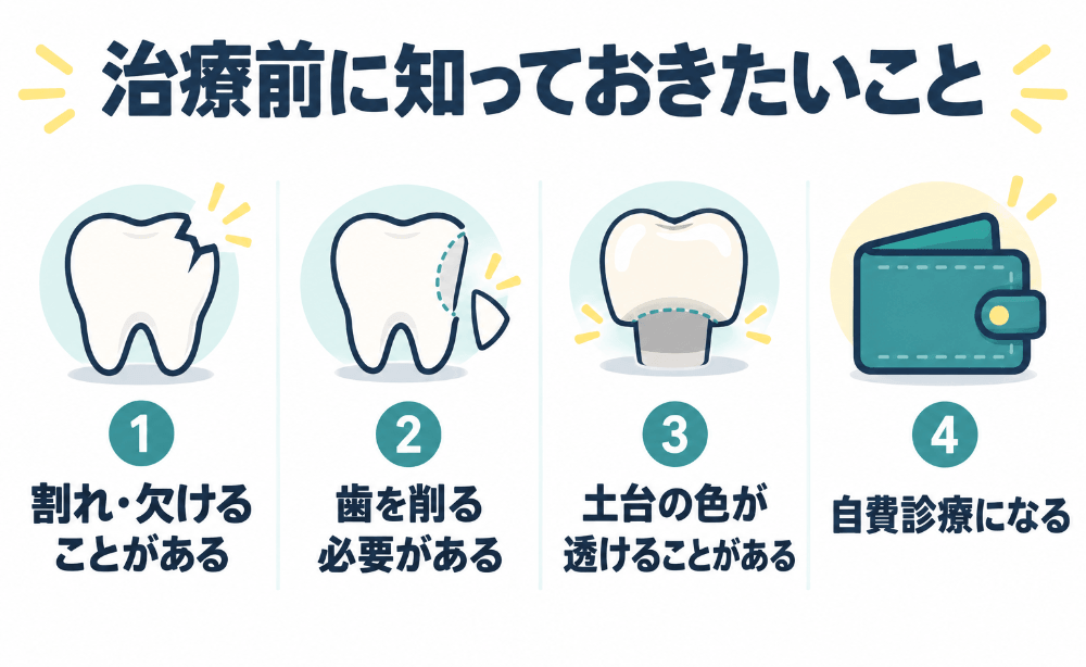 セラミック治療の主なリスク-強い力による割れや欠け、歯を削る必要、土台の色が透ける場合、自費診療の費用