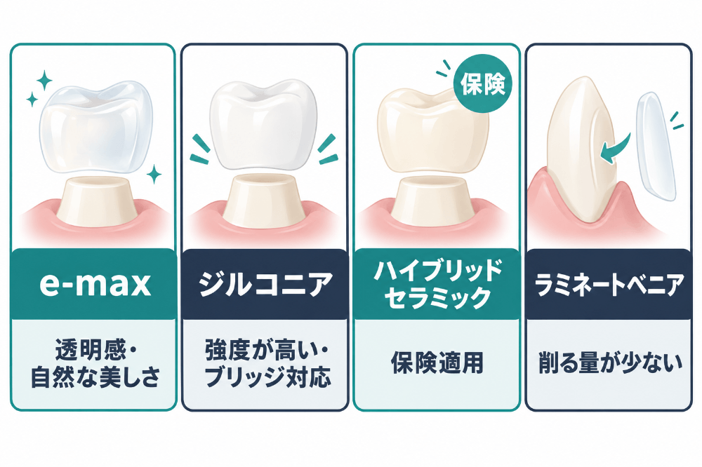 セラミックの種類の比較図-e-max・ジルコニア・ハイブリッドセラミック(保険)・ラミネートベニアの特徴
