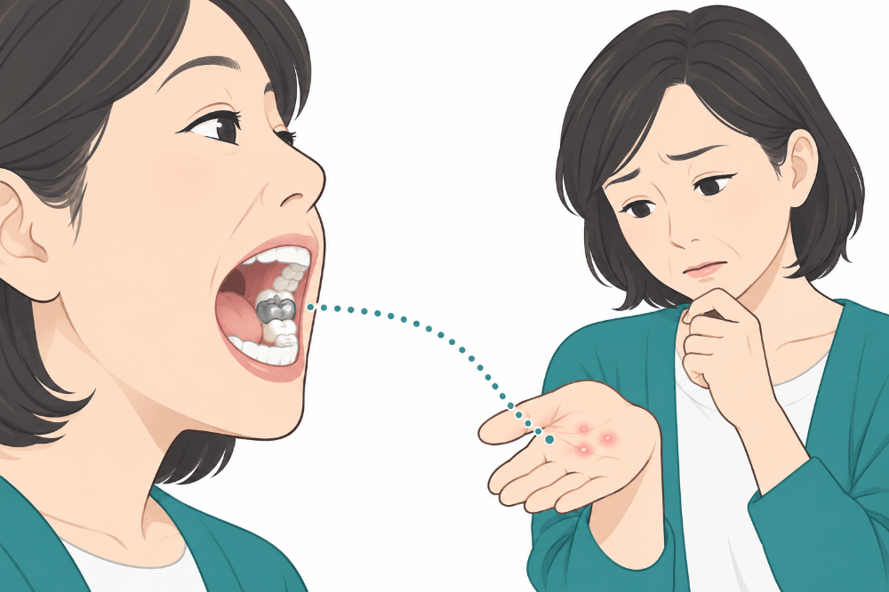 奥歯の銀歯と、手のひらの湿疹との関係を示したイラスト