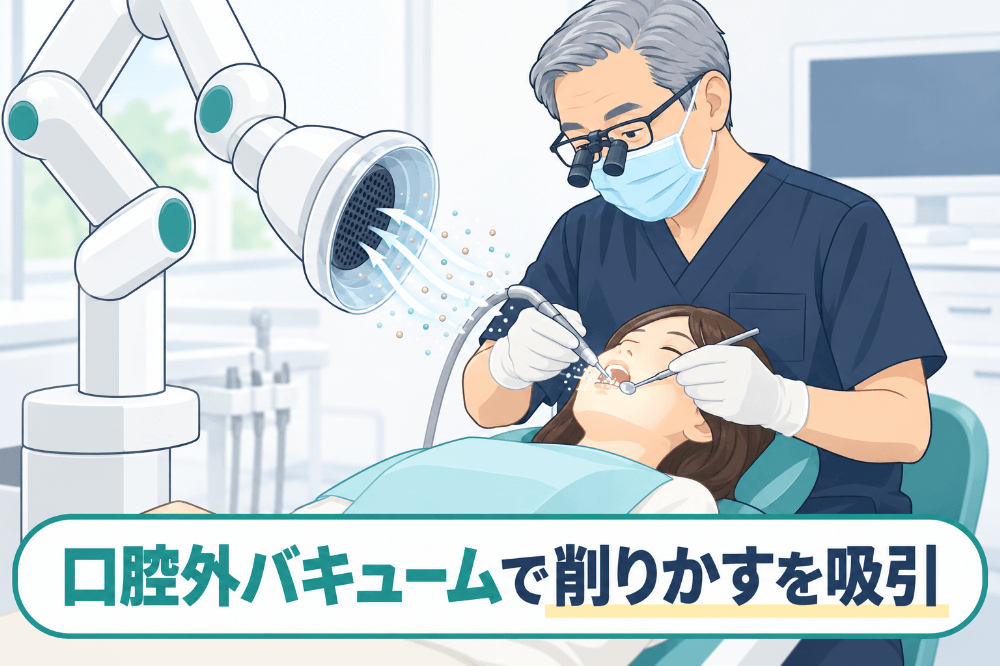 口腔外バキュームで金属の削りかすを吸い取りながら銀歯を外す処置のイラスト