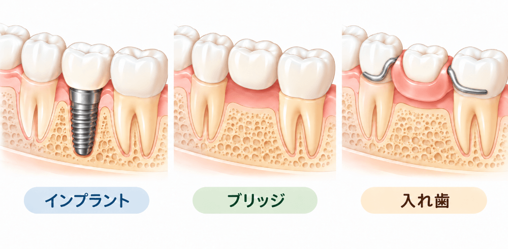 歯を失った後の治療法｜インプラント・ブリッジ・入れ歯の違いを比較