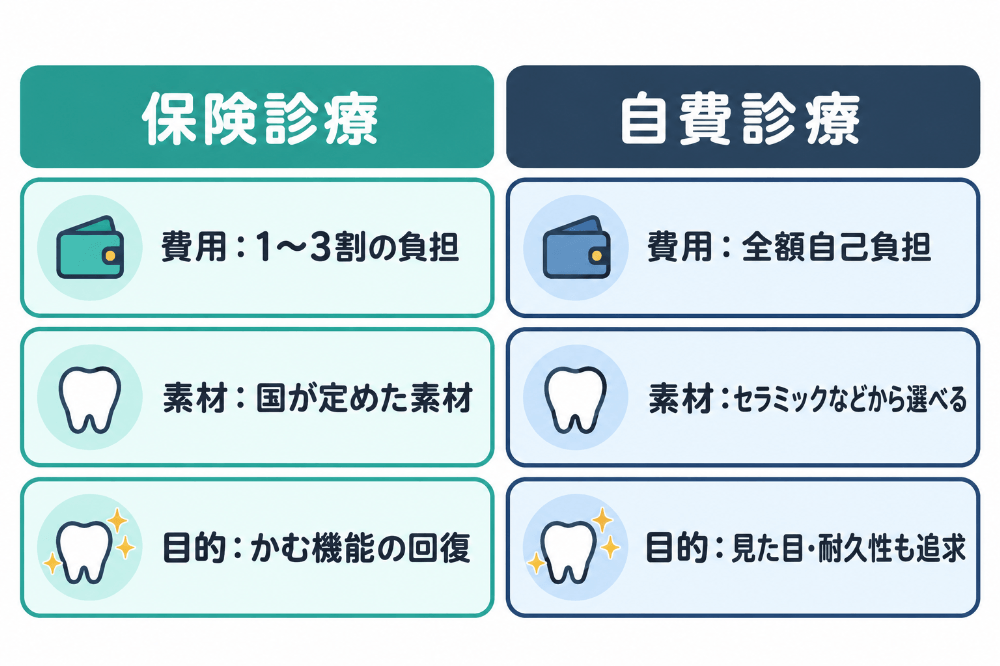 保険診療と自費診療の違いを、費用の負担割合・素材の選択肢・治療の目的で比較した図