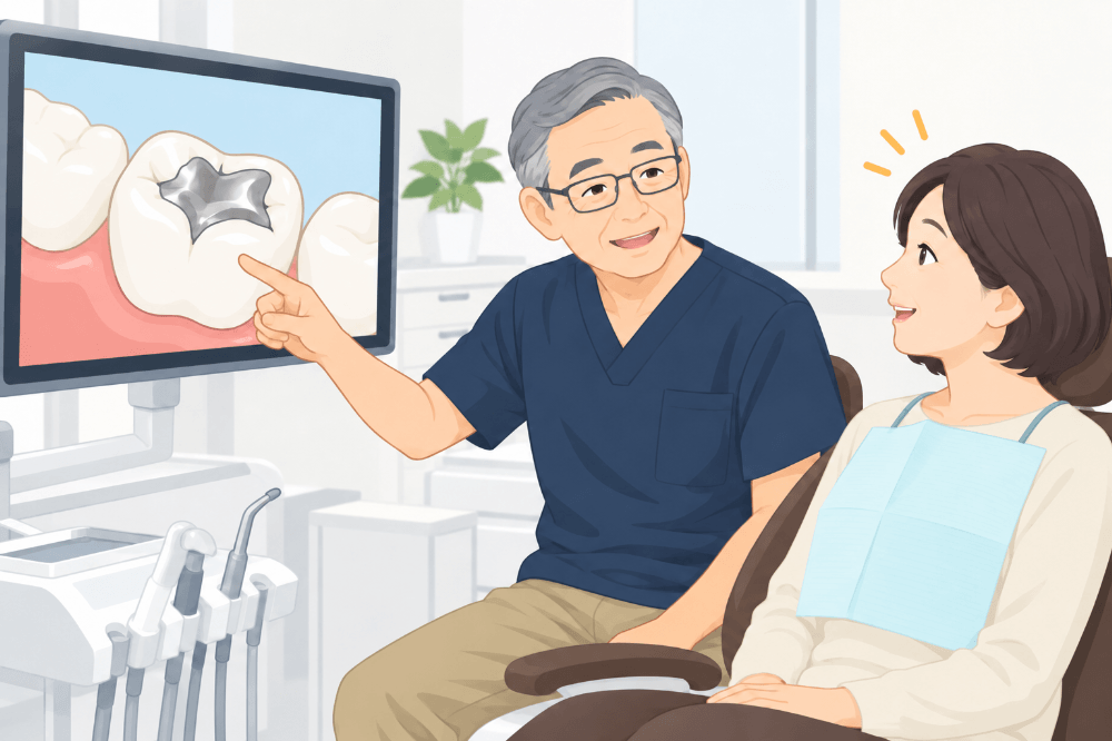歯科医師がモニターを使って金属の置き換えについて患者さんに説明している様子