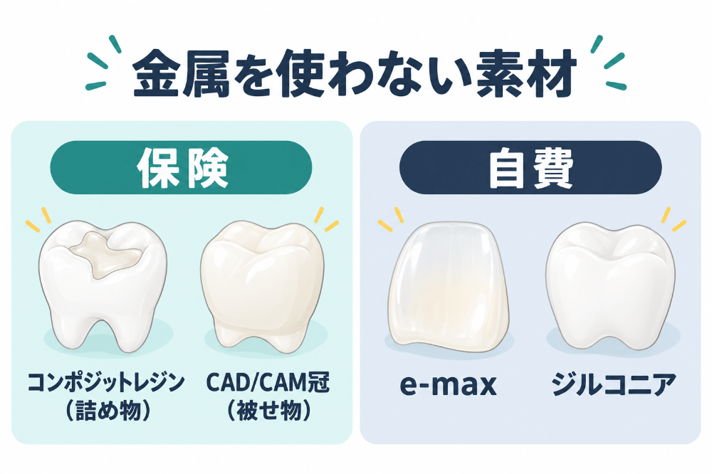金属を使わない素材を保険（コンポジットレジン・CAD/CAM冠）と自費（e-max・ジルコニア）に分けて示した図