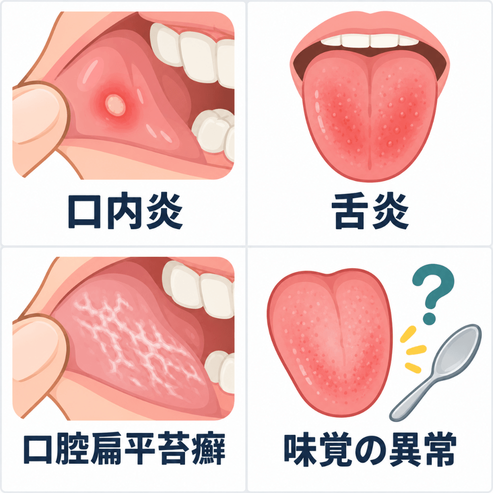 歯科金属アレルギーでお口の中に現れる口内炎・舌炎・口腔扁平苔癬・味覚の異常のイラスト