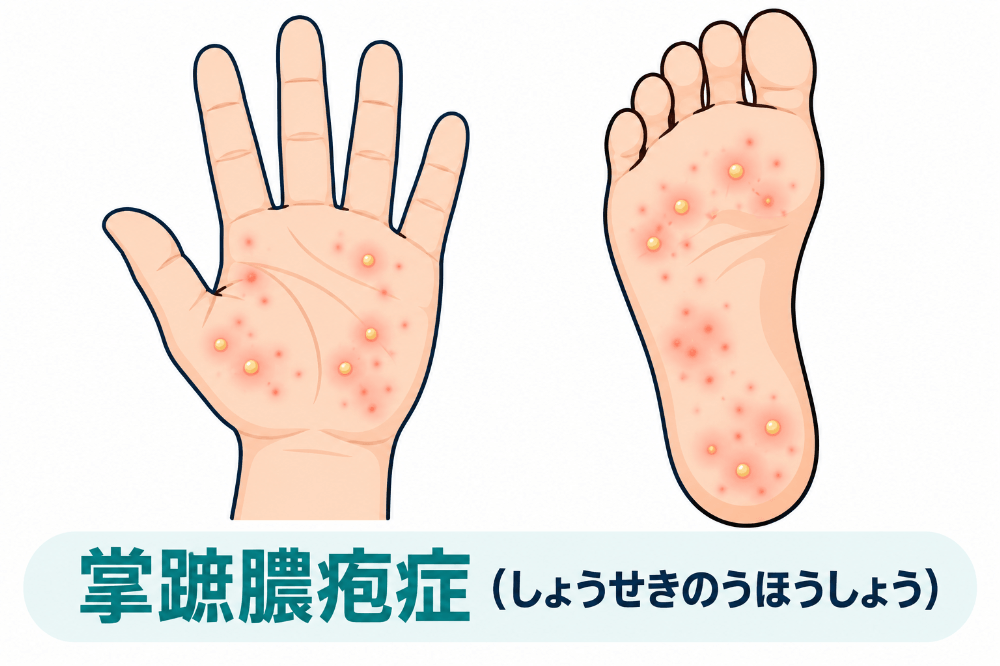 手のひらと足の裏に小さな膿疱と赤い発疹が出る掌蹠膿疱症のイラスト