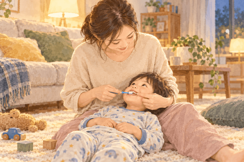 母親が膝の上に子どもを寝かせ、口の中をよく見ながら仕上げ磨きをしている様子のイラスト