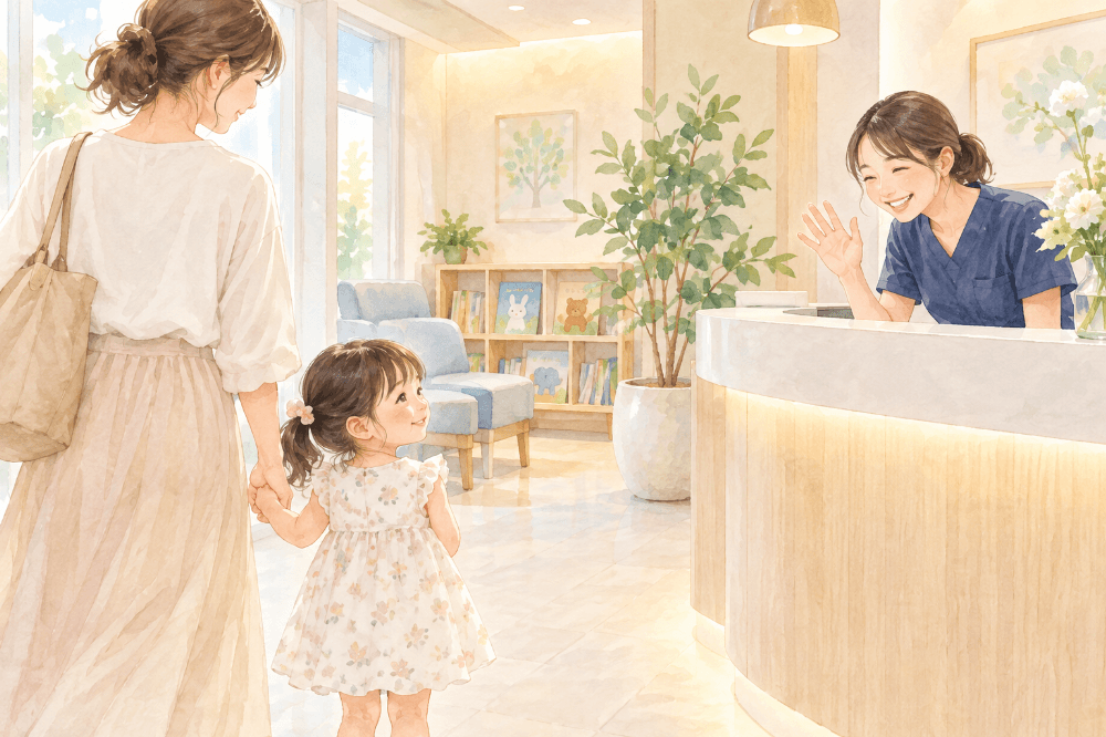 母親と手をつないで来院した女の子を、受付スタッフが笑顔で出迎えている様子のイラスト