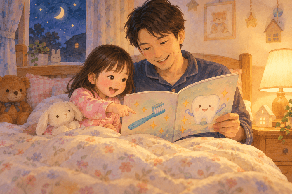寝る前に父親が歯の絵本を読み聞かせ、子どもが笑顔で聞いている様子のイラスト