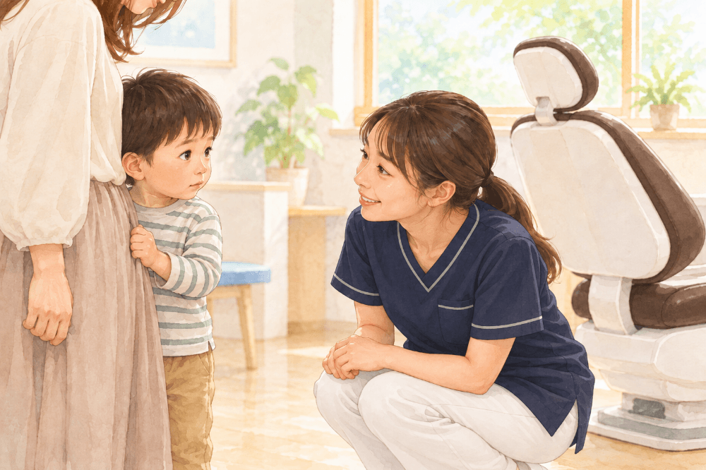 診療チェアの前でためらう男の子に、歯科衛生士がしゃがんで目線を合わせ優しく話しかけている様子のイラスト