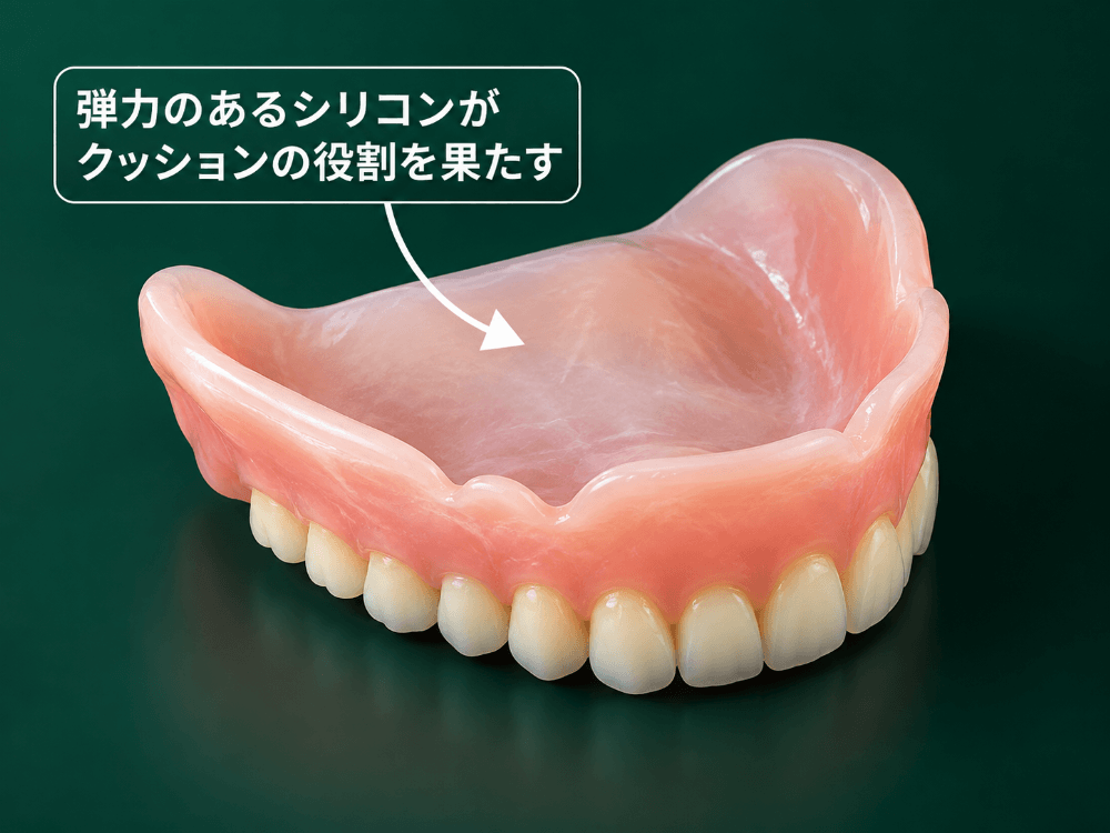 歯ぐきに当たる面を柔らかいシリコンで覆った総入れ歯